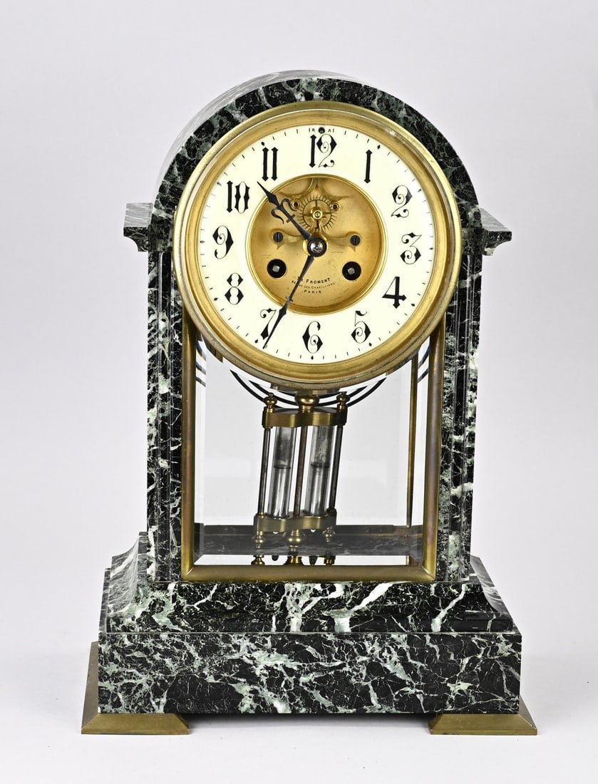 Marble pendulum clock, 1900: Antique marble pendulum clock with brocade escapement. Circa 1900. Eight-day movement, half-hour strike, mercury spring pendulum. Dimensions: 40 cm. In good condition.