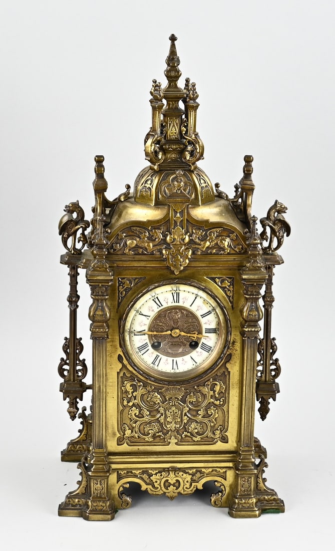French cathedral bell, 1890: Antique, French, neo-Gothic cathedral bell made of bronze. Historicism. Circa 1890. Eight-day movement, half-hourly striking and spring pendulum. Dimensions: H 49 cm. In good condition.