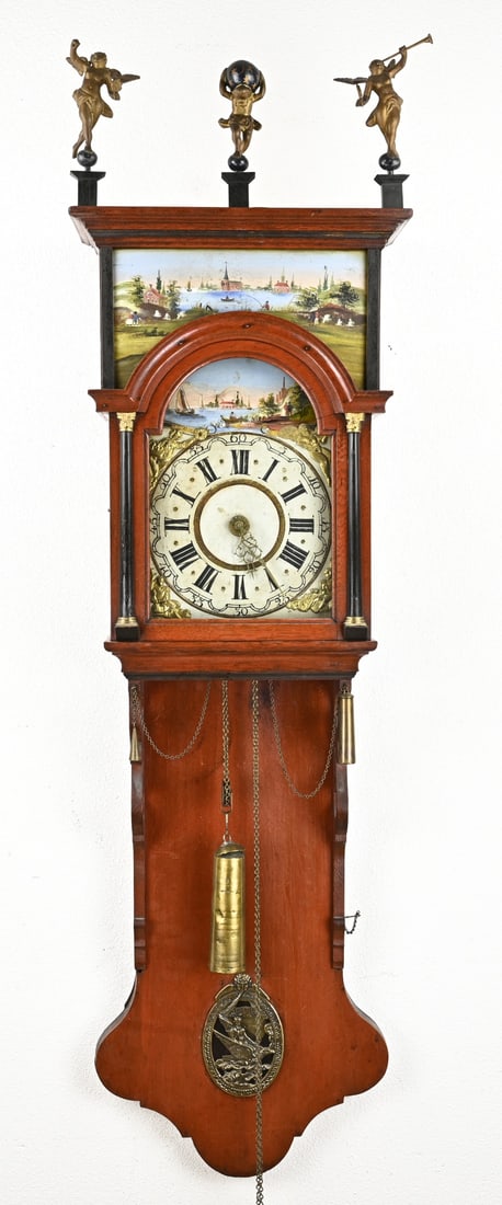 Frisian longcase clock, 160 cm.: 19th-century oak Frisian longcase clock with alarm and beautiful original painting. Dimensions: 160 cm. Not tested. Glass broken. Otherwise in good condition.
