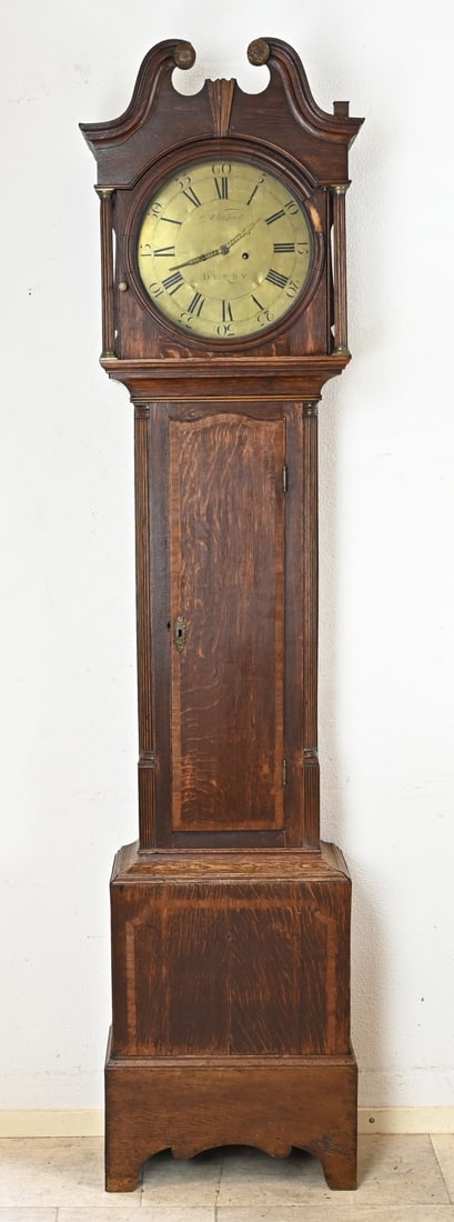 English grandfather clock, H 215 cm.: 18th-century English oak grandfather clock from Whitehurst Derby. Eight-day movement, half-hour strike. Dimensions: H 215 cm. In good, uncleaned condition.