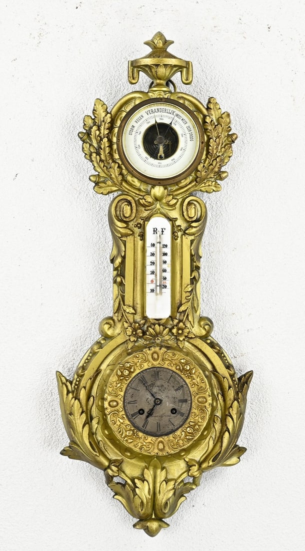 French barometer wall clock, 66 cm.: Antique 19th-century French composite metal barometer wall clock with thermometer. Fabrique de Paris. Dimensions: 66 cm. Possibly movement and case combination. In reasonable condition.