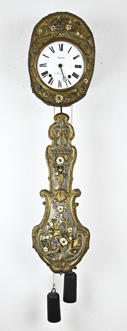 Antique Comtoise wall clock: 19th-century French Comtoise wall clock with original polychromy and floral garland. Eight-day movement with anchor escapement. Dimensions: 40 x 17 x 35 cm. In good condition.