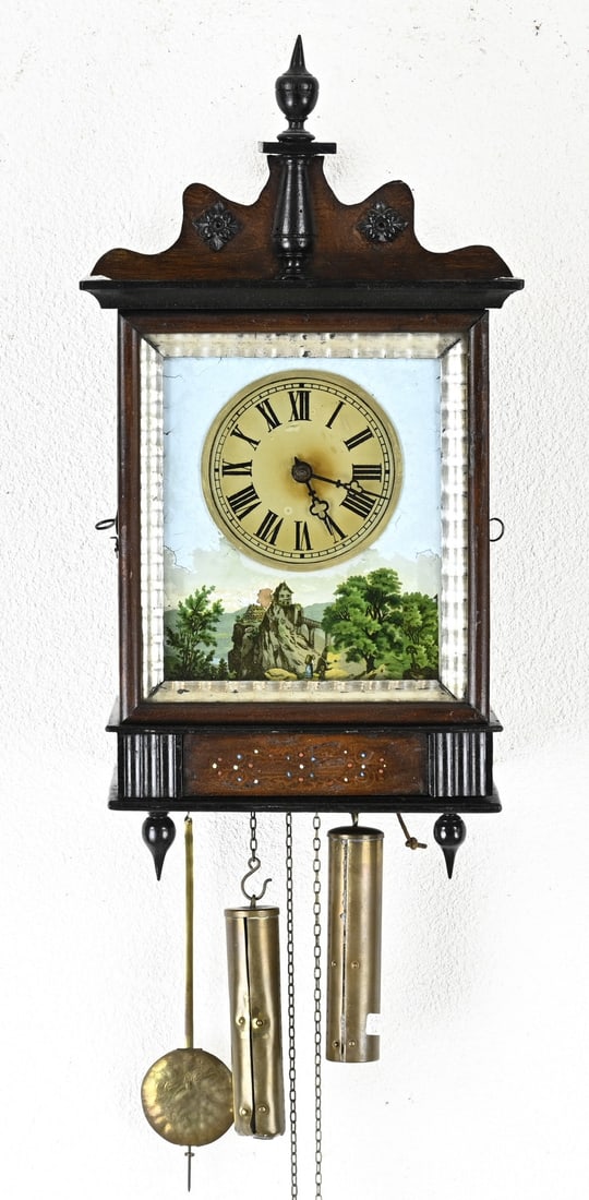 Picture clock, 45 cm.: Antique German Black Forest wall clock with reverse glass painting. Circa 1860. Strike on the half-hour. Dimensions: 45 cm. In good condition.