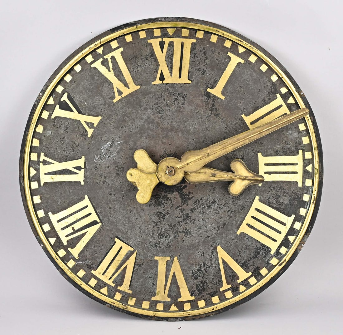 Church tower clock face + hands, 1900: Antique church tower clock face with hands, fitted with an antique electric movement. Circa 1900. Dimensions: 77 cm. In good condition.