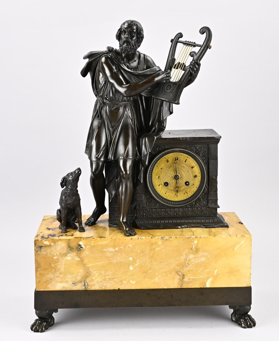 French Empire clock, 1820: Antique marble and bronze Empire clock. France. Circa 1820. Eight-day movement, half-hour strike, cord pendulum. Dimensions: H 54 cm. In good condition.