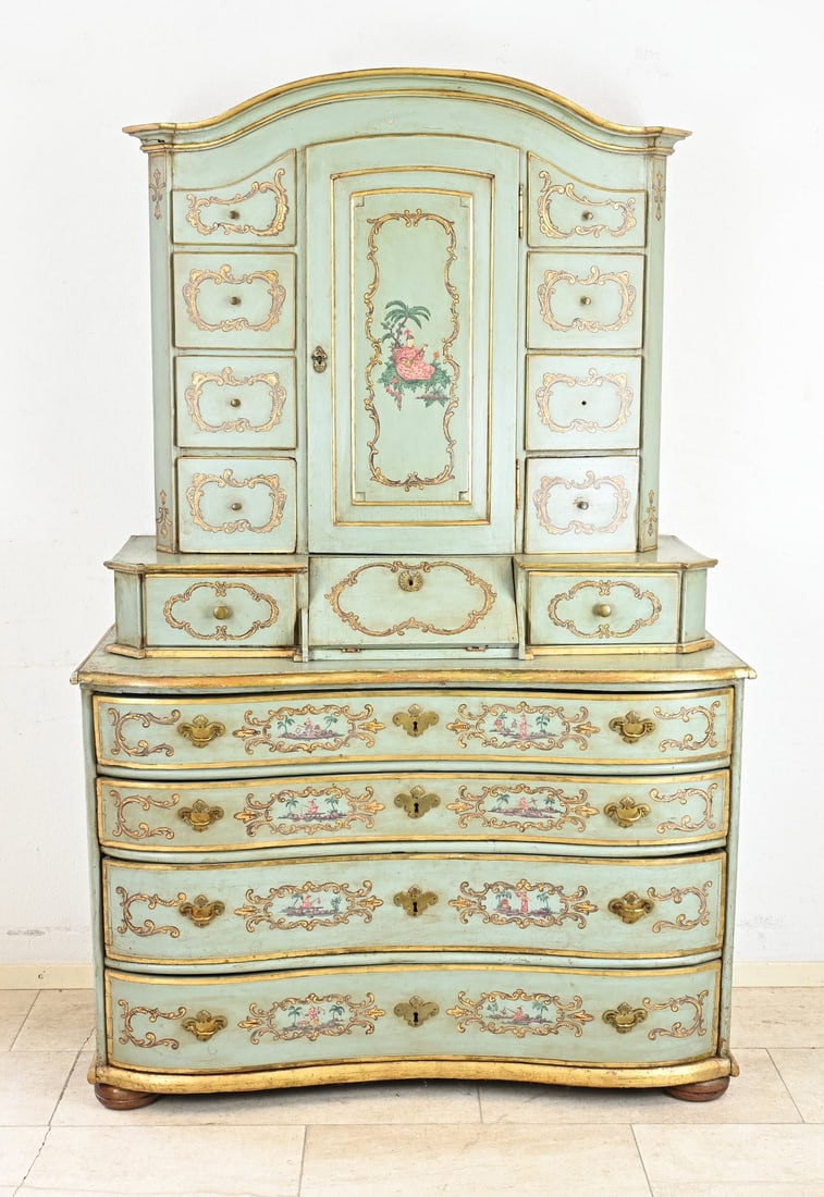 18th-Century German tabernacle (2-part): 18th-century German pine tabernacle/secretary with chinoiserie painting. With fourteen drawers plus a door. Two locks replaced, the rest original. No wormholes. Dimensions: 192 x 122 x 60 cm. In good