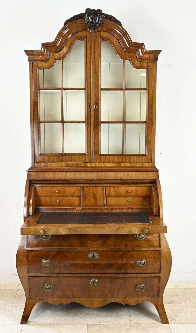 Writing desk with extension (mahogany): 18th-century Dutch mahogany Baroque writing desk with cylinder flap and original ring fittings. Older restoration. Dimensions: 230 x 117 x 60 cm. In very good condition.