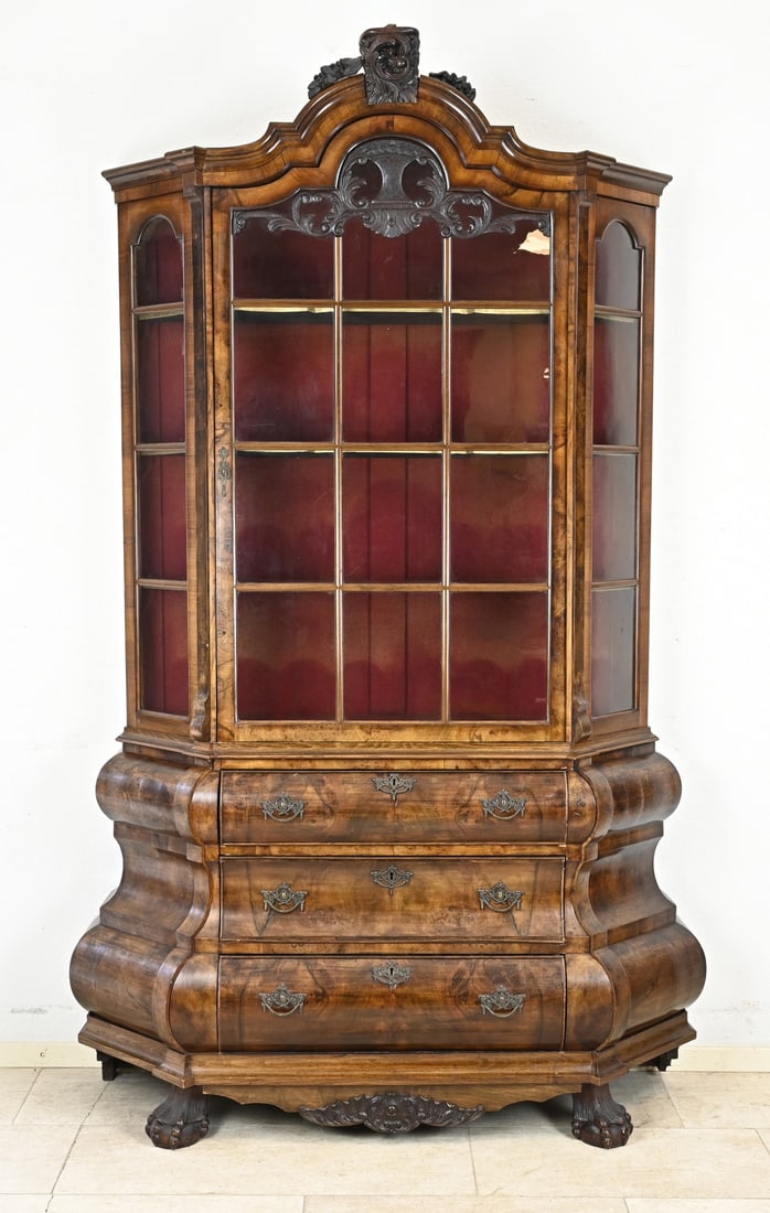 Burr walnut display cabinet: 19th-century Dutch burr walnut porcelain display cabinet with bronze fittings and claw feet. Also features a carved crown. Dimensions: 220 x 135 x 40 cm. In good condition.