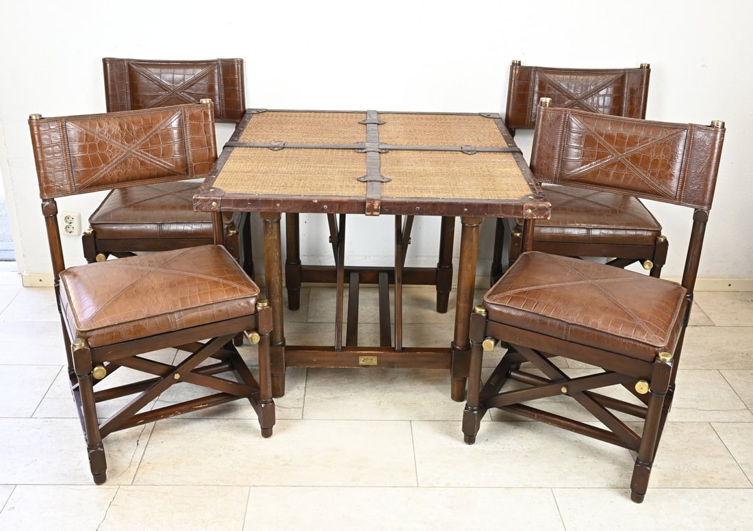 Dining area (table + 4 chairs): Hardwood Brothers Collection dining set, with four chairs. Rattan + leather upholstery. Dimensions: 78 x 96 x 97 cm / 99 x 55 x 47 cm. In good condition.