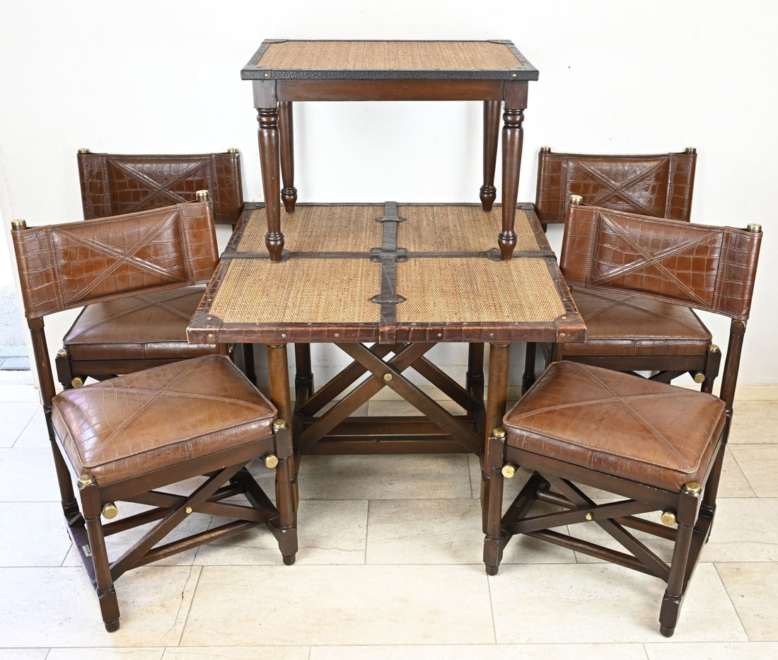 Dining area: Hardwood Brothers Collection dining set, with four chairs. Rattan and leather upholstery. Dimensions: 78 x 96 x 97 cm / 99 x 55 x 47 cm. Plus extra table: 53 x 77 x 57 cm. In good condition.