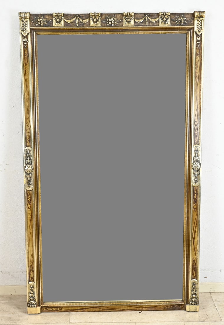 Large antique hall mirror, 160 x 92 cm.: Large, antique Louis Seize style hall mirror. Circa 1880. Silver-plated + beer paint. Dimensions: 160 x 92 cm. In good condition.