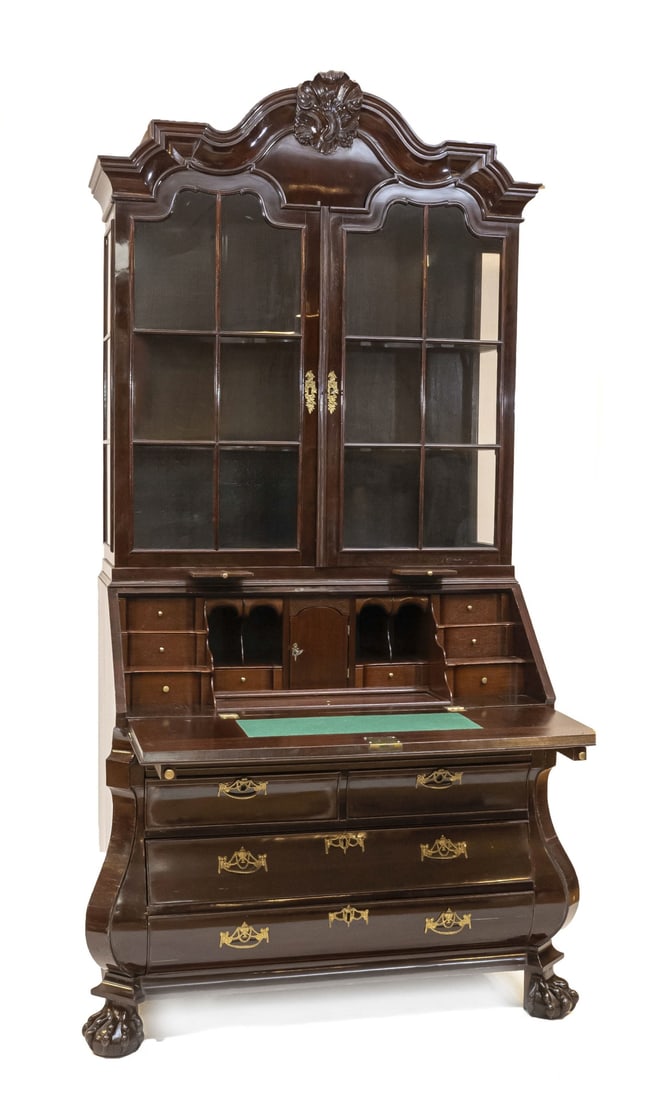 18th-century Baroque secretary desk: Beautiful 18th-century Dutch mahogany double-curved Baroque secretary desk with claw feet and bronze fittings. Professionally restored and shellac polished. Dimensions: 250 x 135 x 75 cm. In very