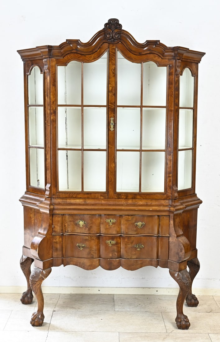 Display cabinet: Dutch 19th-century burr walnut Baroque display cabinet with Queen Anne legs and two drawers. Dimensions: 205 x 150 x 46 cm. In good, unrestored condition.