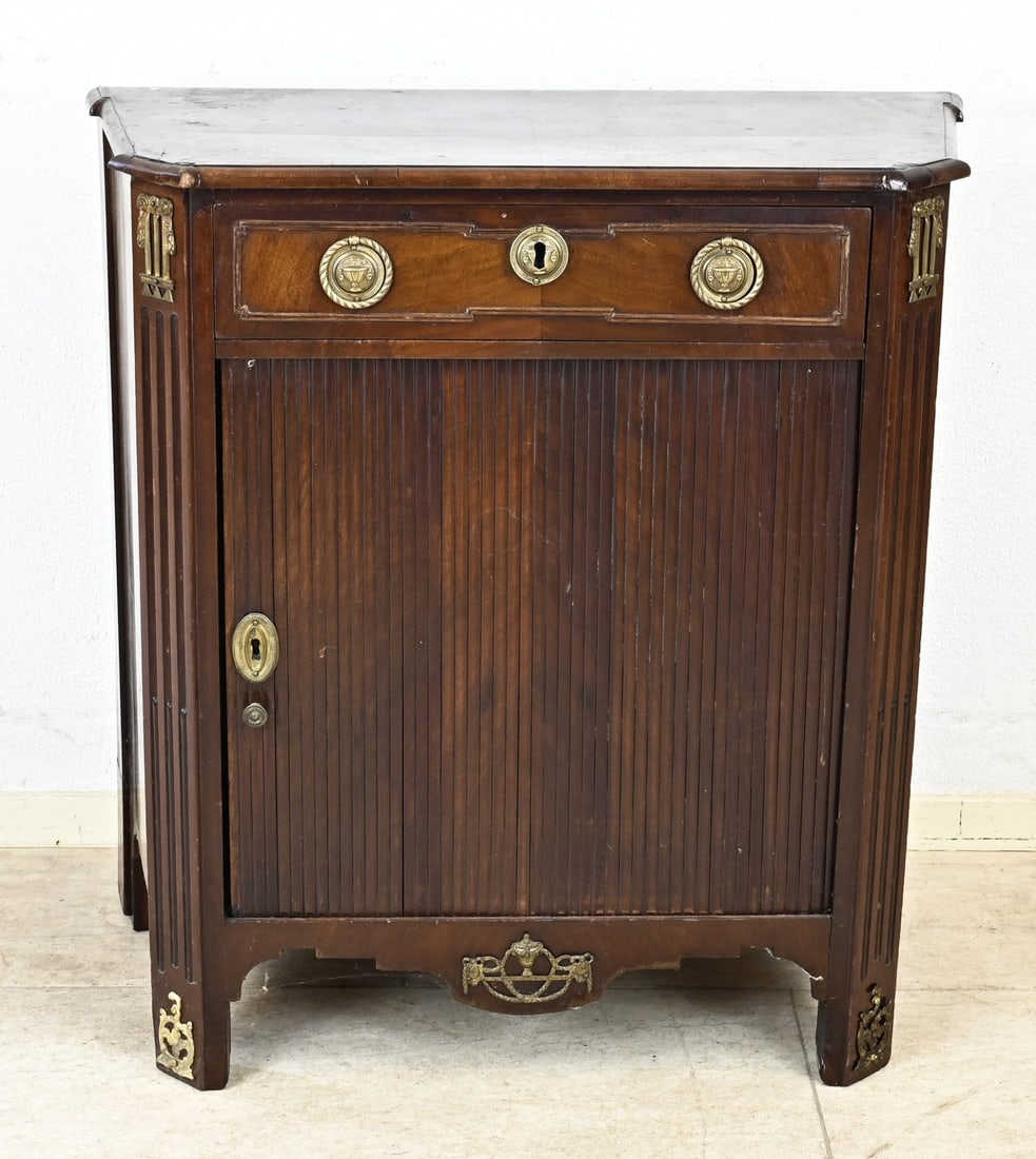Louis XIV cabinet: 18th-century mahogany Louis Seize cabinet with drawer, roll-up door, and bronze fittings. Dimensions: 78 x 75 x 40 cm. In good, unrestored condition.