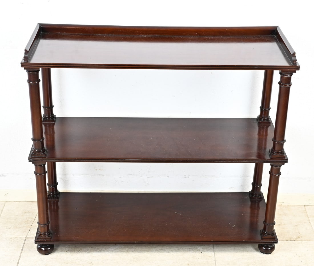 Mahogany cabinet: Mahogany étagère console table with solid columns. Second half of the 20th century. Dimensions: 88 x 100 x 40 cm. In good condition.