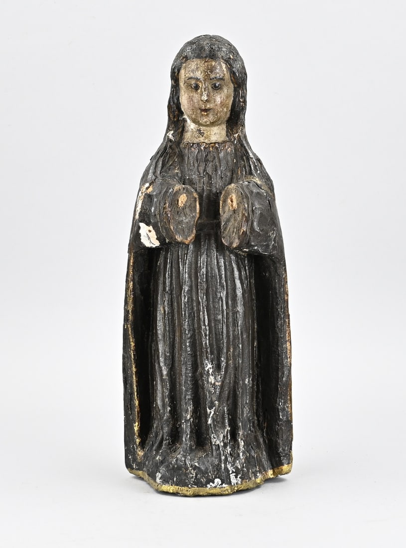 Religious figure, H 35 cm.: 16th - 17th Century Flemish Saint figure with polychromy. Dimensions: H 35 cm. Hands are missing. Otherwise in good condition.