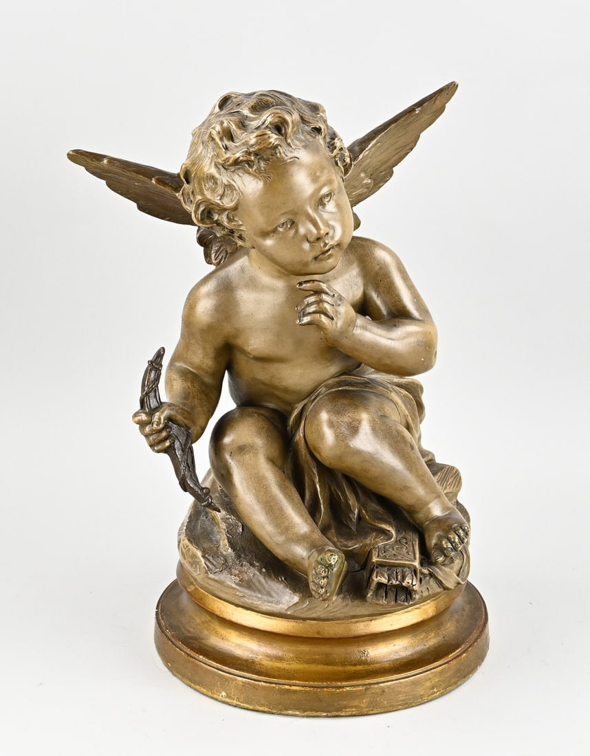 Terracotta figure, Cupid: Large antique terracotta figure. Cupid, with bronze-colored polychromy. By G. van Vaerenbergh. 1873 - 1927 (Belgium). Dimensions: H 46 cm. In good condition.