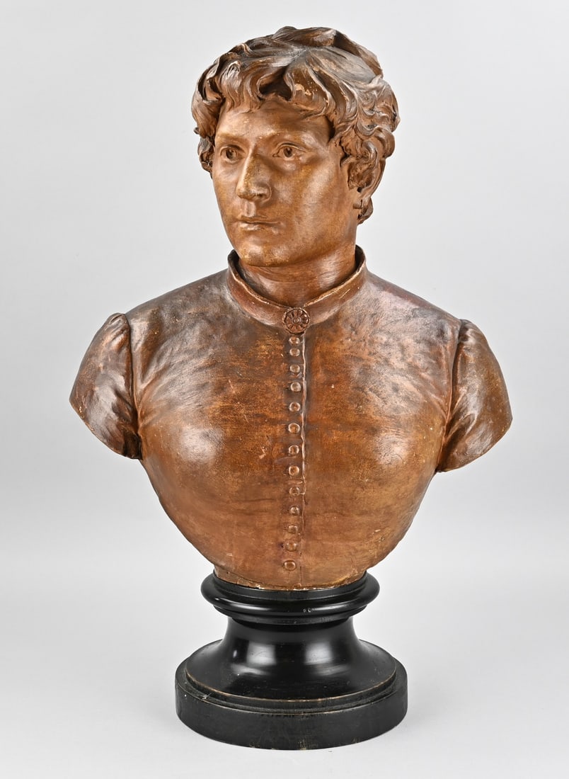 Antique bust (terracotta): Antique terracotta bust by J. Anthone, Antwerp, 1885. Mounted on a black wooden base. Dimensions: H 67 cm. In good condition.