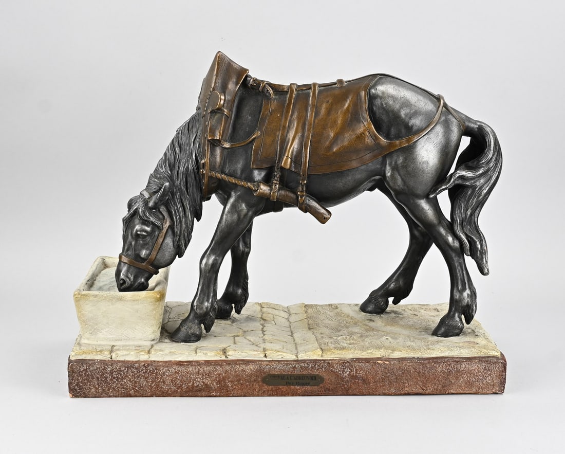 Terracotta horse by Louis Theophile Hingre: Antique polychrome terracotta horse at a watering hole. By Louis Theophile Hingre. 1832 - 1911. Dimensions: 41 x 49 x 19 cm. In good condition.