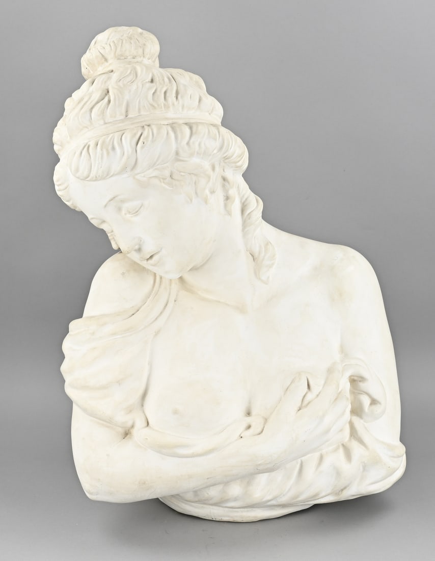 Large ladies' bust, H 60 cm.: Large erotic female bust made of plaster. 20th century. Dimensions: H 60 cm. In good condition.