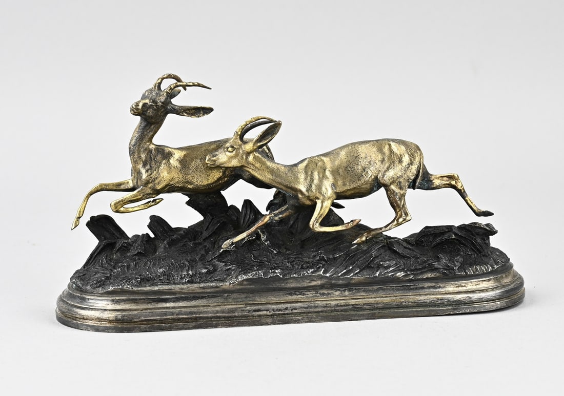 Isidore Bonheur, Figure Group: Antique bronze figure group with springboks, by Isidore Bonheur. Silver-plated and gold-plated. 1827–1901. Dimensions: 12.3 x 23 x 7.5 cm. In good condition.