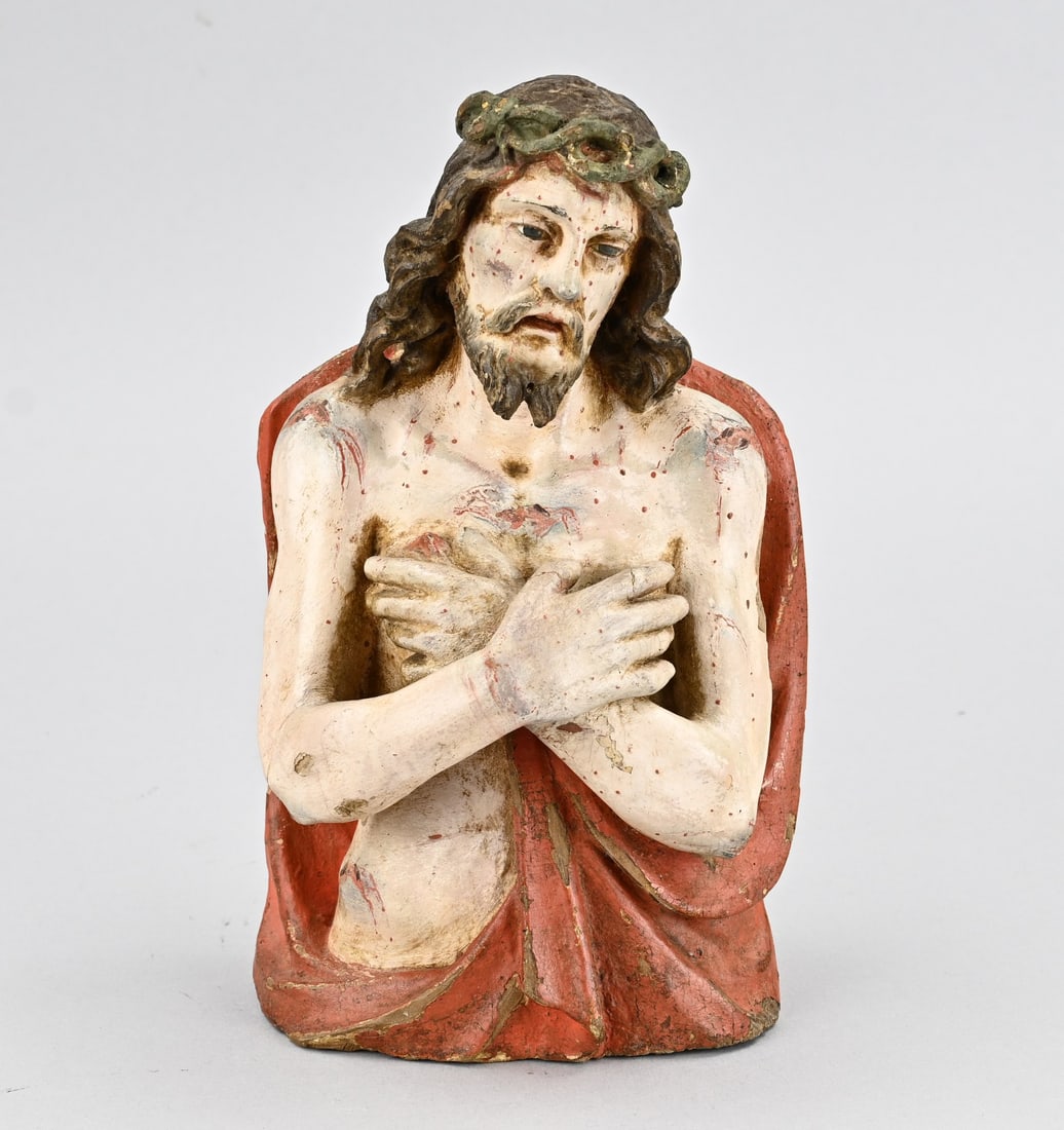 Image of Christ, H 23 cm.: 18th-century religious carved wood statue of Christ. Dimensions: H 23 cm. In good condition.