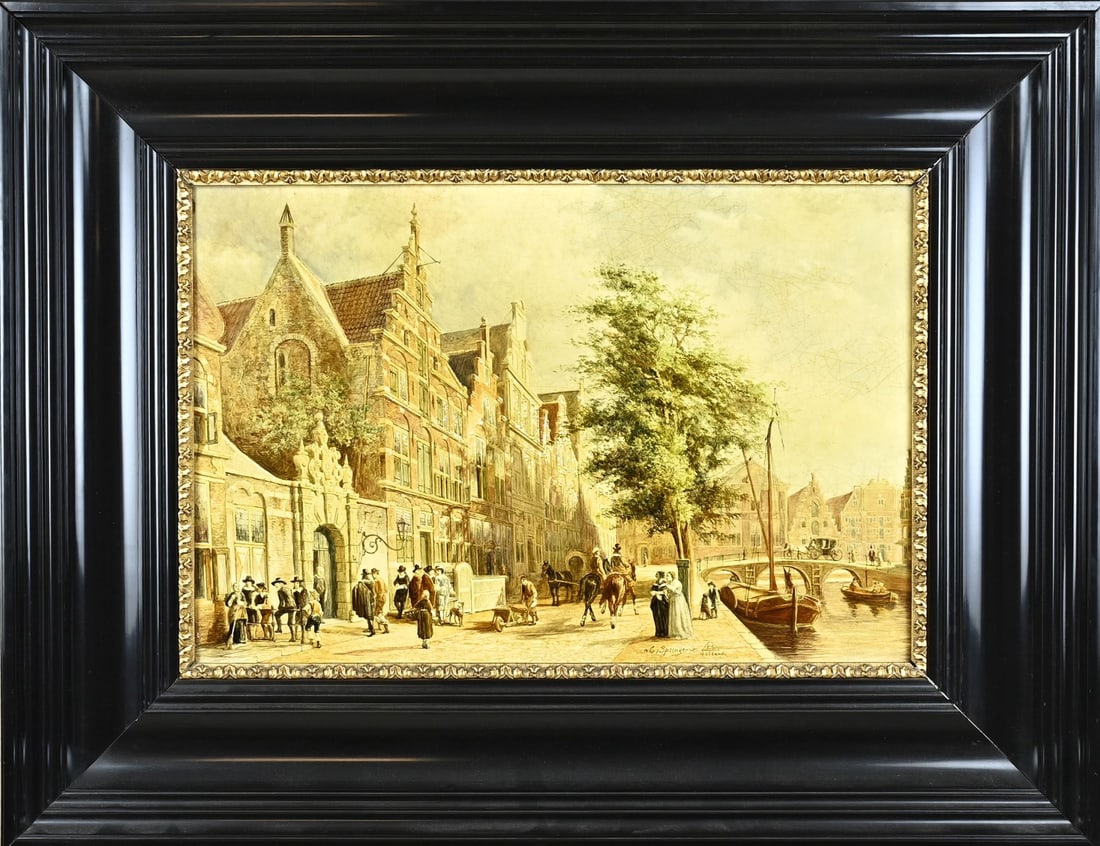 Tile panel 41 x 61 cm.: Large antique Dutch polychrome porcelain plaque. Marked ES Holland. After Cornelis Springer. Circa 1900. Cityscape with figures of Amsterdam. Dimensions: 41 x 61 cm. In good condition.