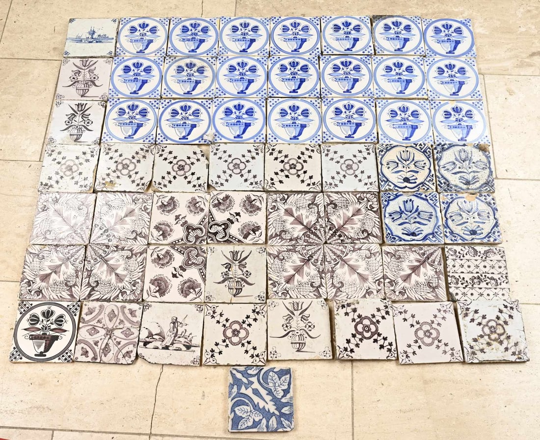 Lot of various wall tiles (57 pcs.): Lot of 57 various antique wall tiles. 18th - 19th Century. Including: flower vase, manganese, etc. Dimensions: 13 x 13 cm. In fair/good condition.