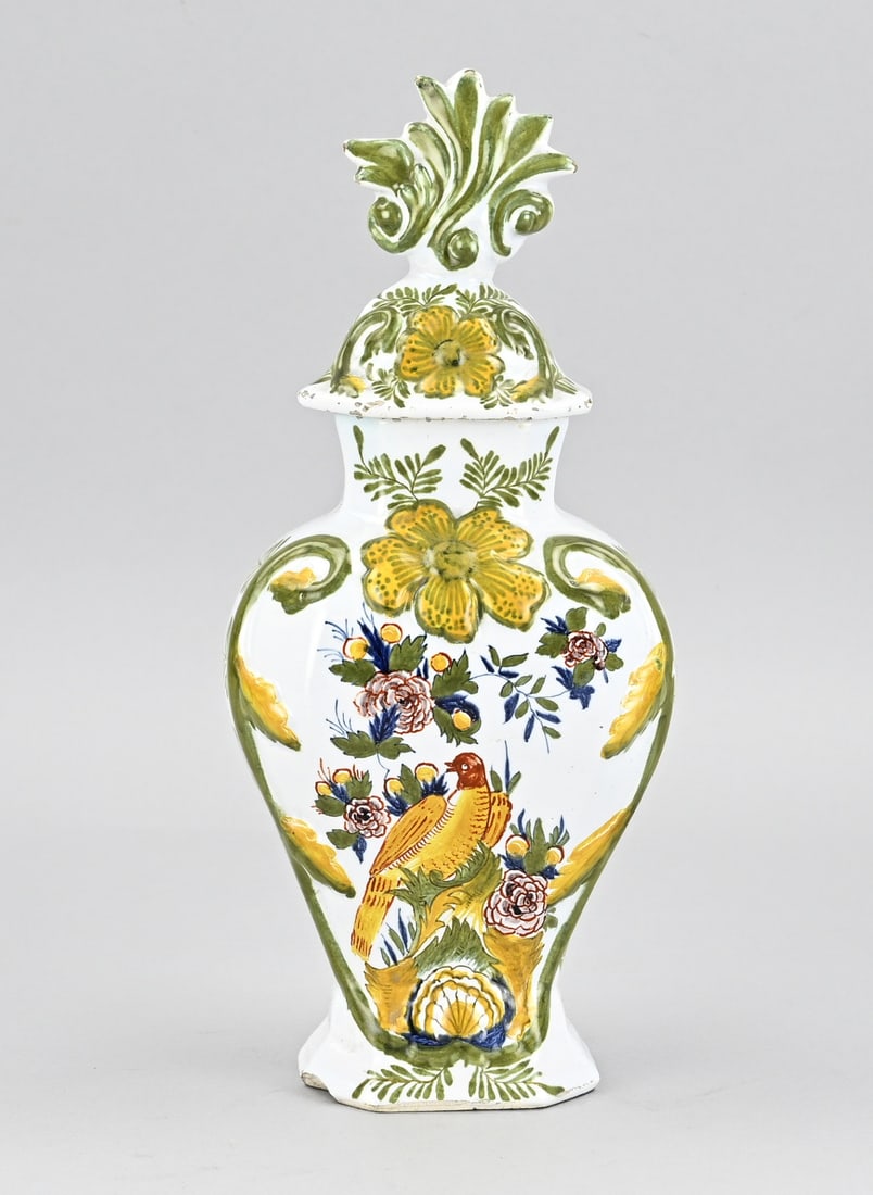 Delft lidded vase, H 30.5 cm.: 18th-century polychrome Delft faience lidded vase with floral and bird decoration. Dimensions: H 30.5 cm. In good condition.
