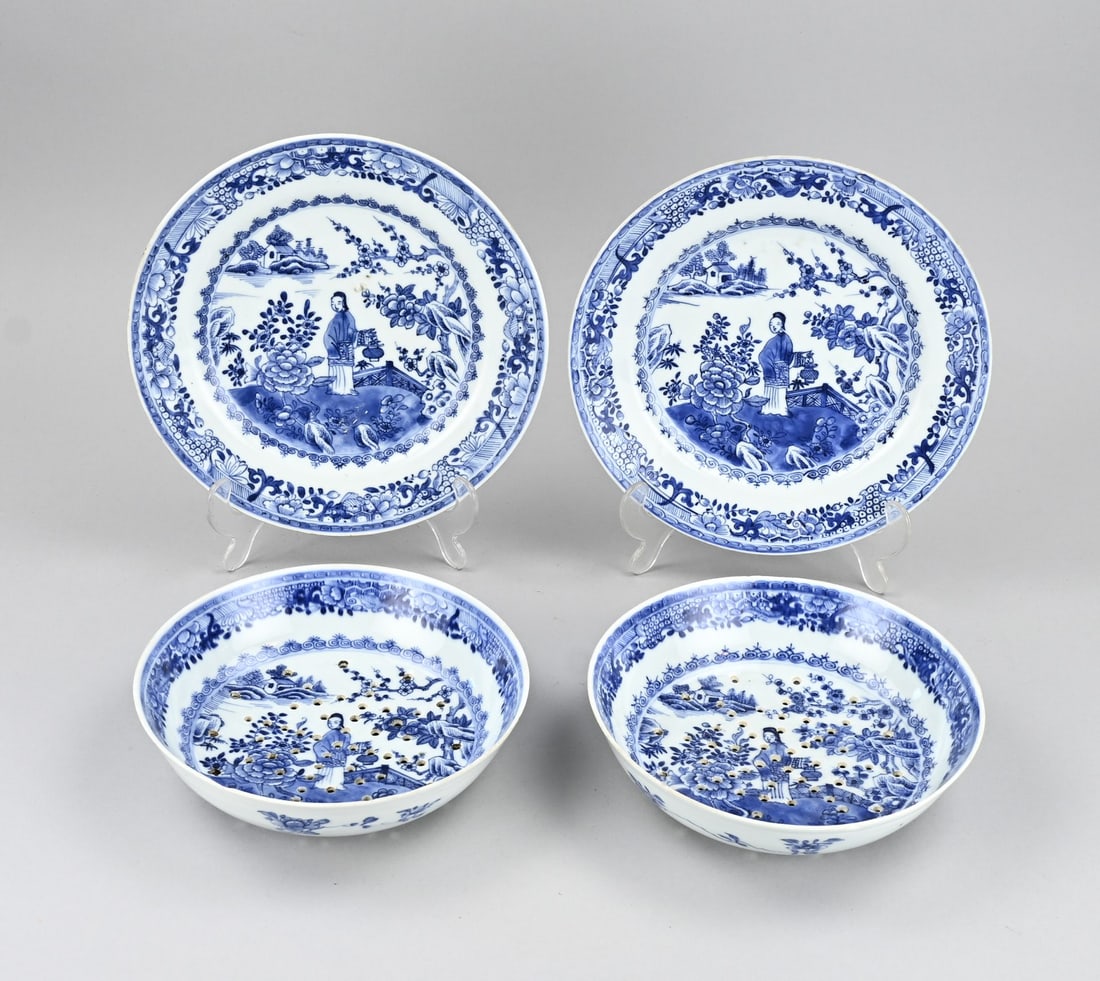 2x 18th-Century Fruit Bowl: Two 18th-century Chinese porcelain Cheng Lung fruit bowls with a drip tray, featuring a geisha in a garden decor. 1x Chip + hairline crack near the trivet. One bowl has one chip. One trivet is intact.