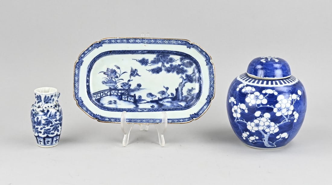 3 Pieces Chinese porcelain: Three pieces of antique Chinese porcelain. 1 x 18th-century Cheng Lung meat platter, 2 chips. 1 x 19th-century vase, floral/dragon decoration, good. 1 x 19th-century ginger jar with prunus