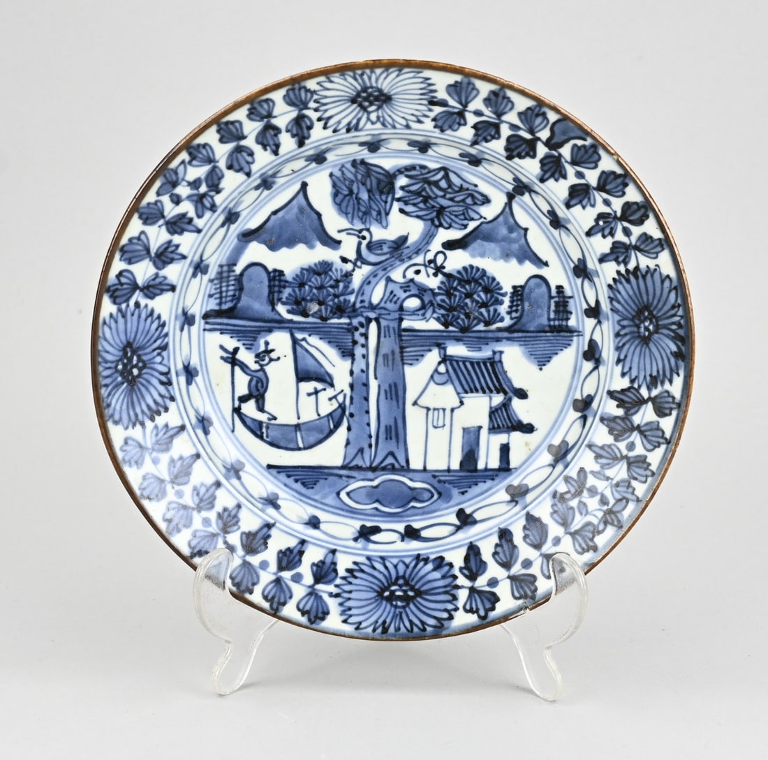 Chinese plate Ø 22.2 cm.: Antique Chinese porcelain plate with river scene and house. Bottom mark. Dimensions: Ø 22.2 cm. Firing defect. Otherwise in good condition.