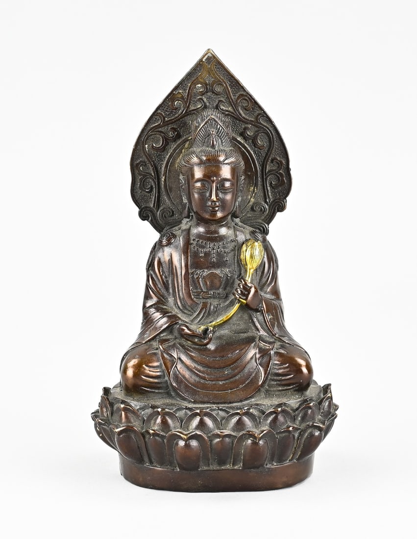 Bronze Buddha, H 18.5 cm.: Old Chinese bronze Buddha with base mark. Partially gilded. 20th century. Dimensions: H 18.5 cm. In good condition.