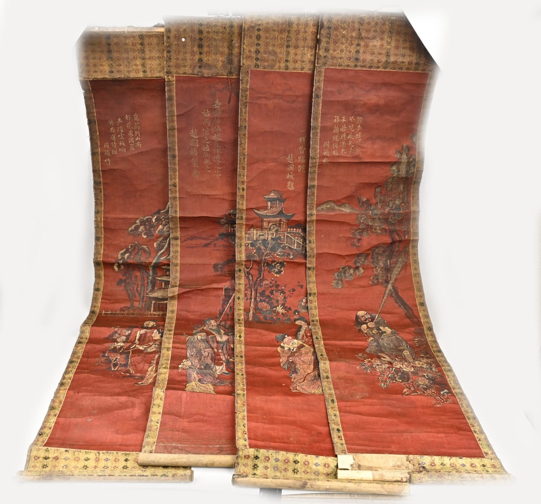 4x Chinese scroll painting: Four diverse antique Chinese scroll paintings with figurative depictions, texts, and signatures. Dimensions: 45 x 150 cm. In moderate/fair condition.