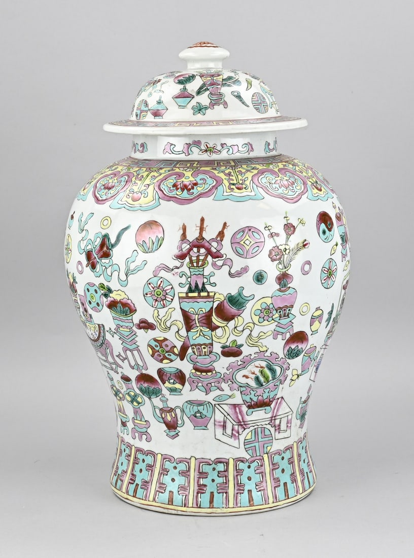 Chinese lidded vase, H 46 cm.: Old Chinese porcelain family rose lidded vase with precious objects decoration. 20th century. Dimensions: H 46 cm. In good condition.