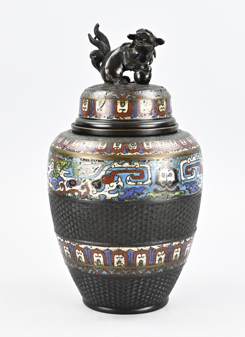 Japanese cloisonné vase, H 34 cm.: Antique Japanese bronze cloisonné lidded vase with kylin and a holder inside. 19th century. Dimensions: H 34 cm. In good condition.