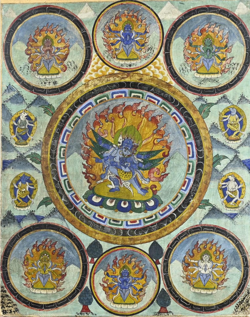 Thangka, 74 x 59 cm.: Old/antique Chinese Tibetan thangka mandala mounted on panel. First half of the 20th century. Dimensions: H 74 x W 59 cm. In reasonable condition.