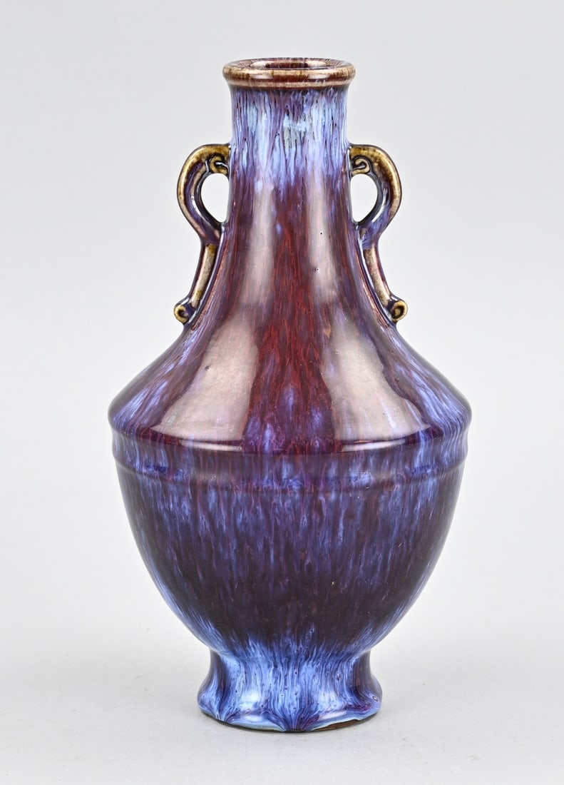 Chinese vase, H 22 cm.: Old Chinese porcelain flambé handle vase with base mark. Dimensions: H 22 cm. In good condition.