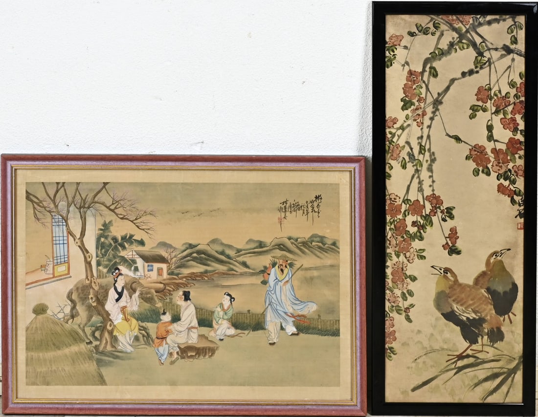 Two Chinese works: Two Chinese works. 1x Lithograph, bird decoration. 1x Gouache on linen with figures in a garden setting + text + signature. Dimensions: H 68 x W 25 cm. / H 42 x W 60 cm. In good condition.