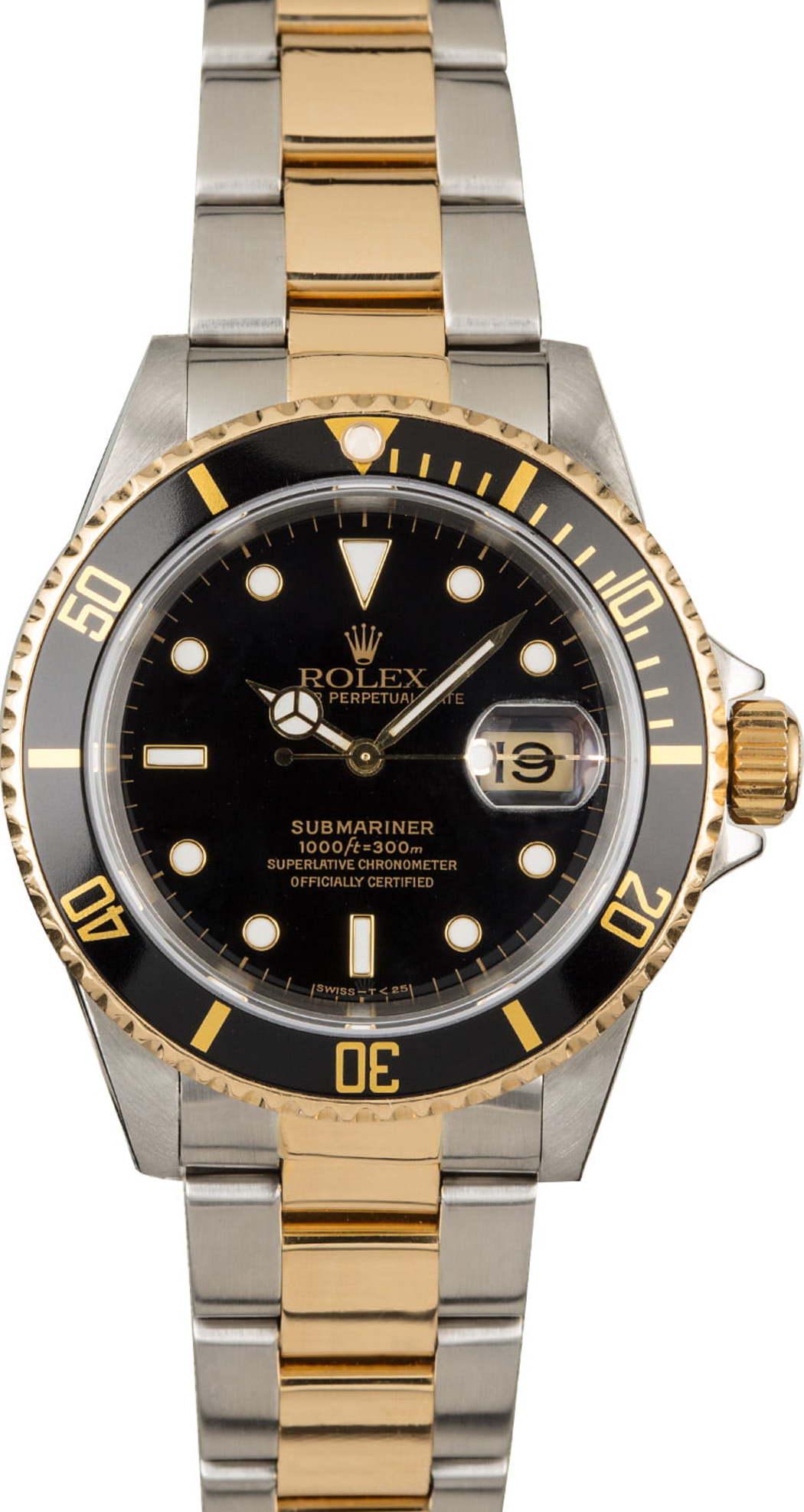 Rolex Submariner Two Tone Divers Watch: Retail: $0.00 ****** Rolex Submariner Two Tone Divers Watch ****** Case: Stainless Steel 40mm / Besel: Unidirectional Rotatable with 18K Gold and Ceramic / Bracelet: 18k yellow gold and stainless Oyst