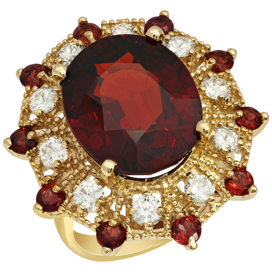 14k Yellow Gold 16.40ct & 1.00ct Garnet 1.19ct Diamond: Retail: $8,700.00 ****** 14k Yellow Gold 16.40ct & 1.00ct Garnet 1.19ct Diamond Ring ****** Metal: 14K Yellow Gold / Total Item Weight: 12.50 grams / Country Made: United States / / Main Stone: Garnet