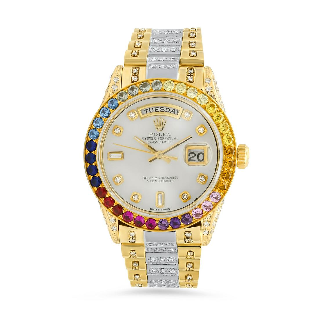 Custom 18K Two Tone Gold RolexRainbow" President Wrist: Retail: $77,380.00 ****** Custom 18K Two Tone Gold RolexRainbow" President Wrist Watch with Diamonds and Natural Multi Colored Sapphire Bezel ****** Case: Original, 18K Yellow Gold / Besel: 18K Yellow