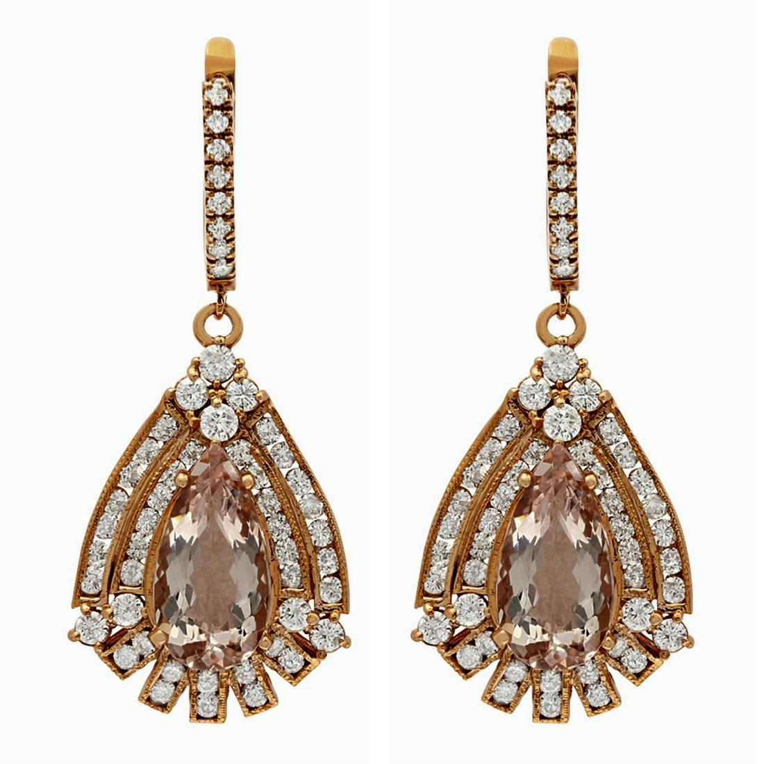 14k Rose Gold 6.75ct Morganite 3.14ct Diamond Earrings: Retail: $12,425.00 ****** 14k Rose Gold 6.75ct Morganite 3.14ct Diamond Earrings ****** Metal: 14K Rose Gold / Total Item Weight: 13.70 grams / Country Made: United States / / Main Stone: Morganite / 