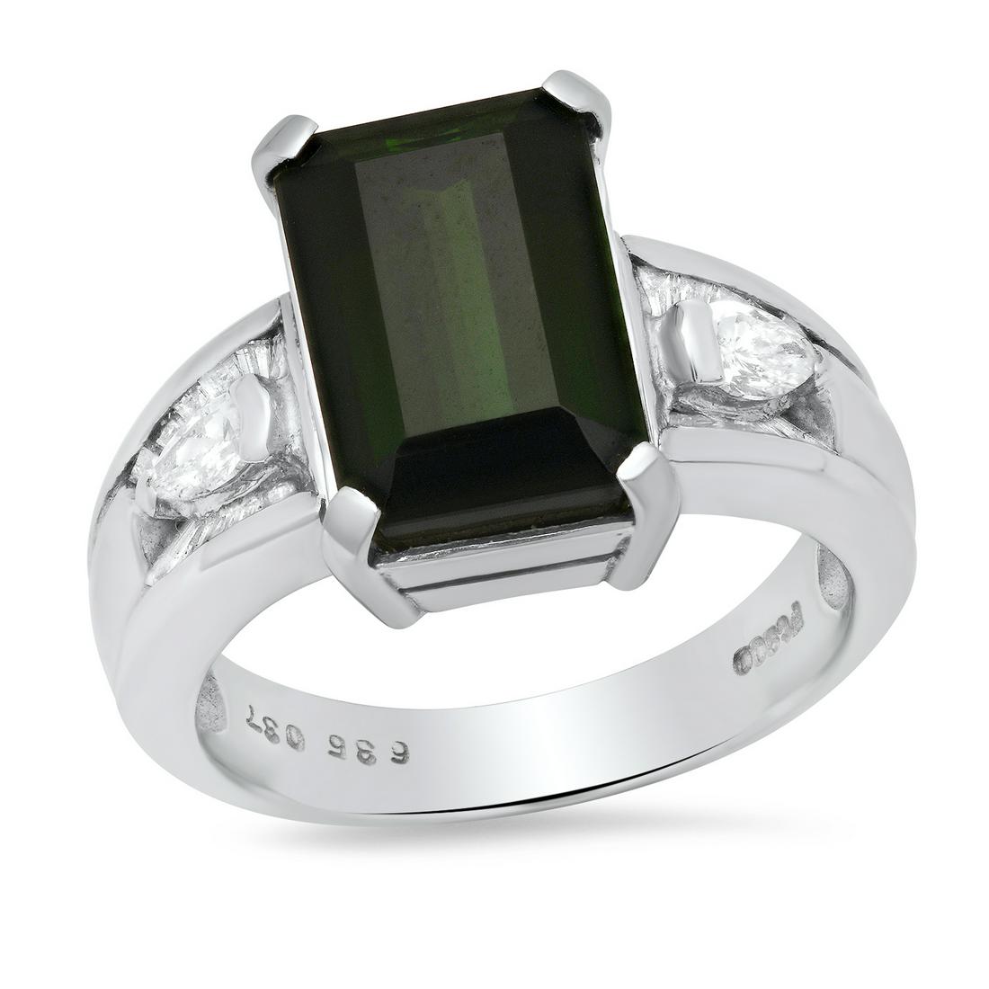 Platinum Setting with 6.35ct Green Tourmaline and 0.37ct Diamond Ladies Ring: Retail: $12,850.00 ****** Platinum Setting with 6.35ct Green Tourmaline and 0.37ct Diamond Ladies Ring ****** Size: 7(we offer free resizing to winning bidders) / Metal: Platinum / Total Item Weight: 