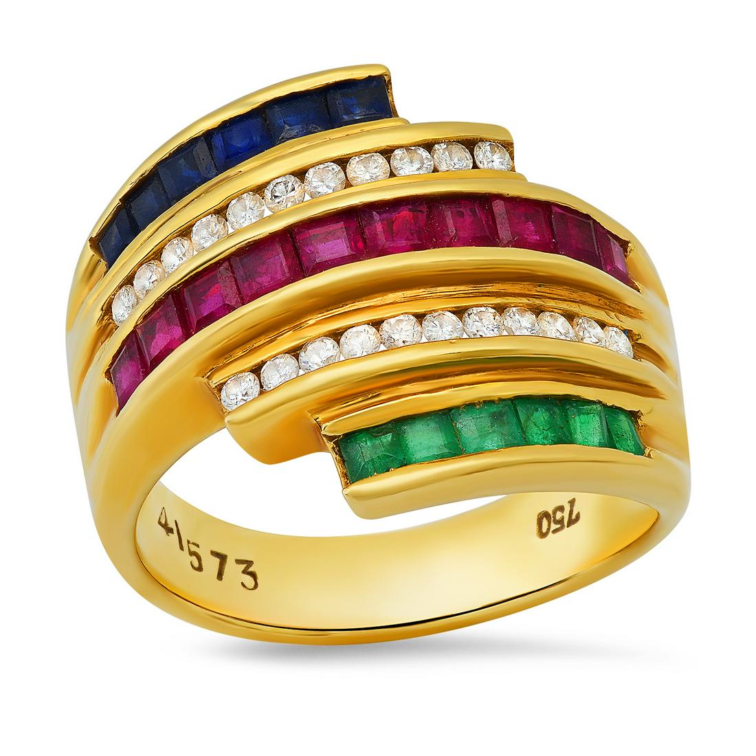 18K Yellow Gold Setting with 1.33ct Ruby/Sapphire/Emerald and 0.33ct Diamond Ladies Ring: Retail: $5,500.00 ****** 18K Yellow Gold Setting with 1.33ct Ruby/Sapphire/Emerald and 0.33ct Diamond Ladies Ring ****** Size: 7(we offer free resizing to winning bidders) / Metal: 18K Yellow Gold / T