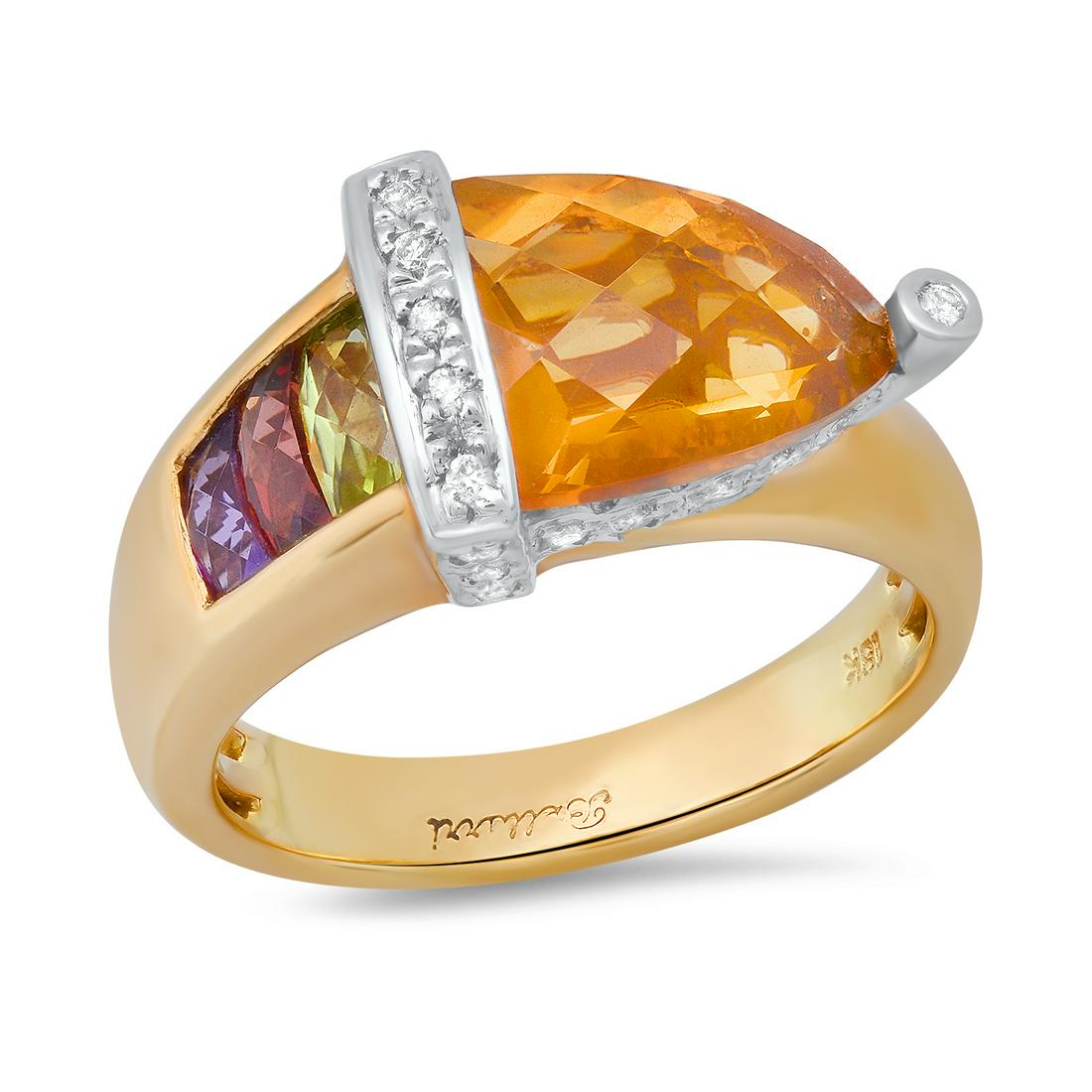18K Yellow Gold Setting with 3.3ct Citrine, 1.0tcw Peridot, Amethyst, Garnet and 0.11ct Diamond: Retail: $5,720.00 ****** 18K Yellow Gold Setting with 3.3ct Citrine, 1.0tcw Peridot, Amethyst, Garnet and 0.11ct Diamond Bellari" Designor Ring ****** Size: 7 (we offer free resizing to winning bidder