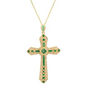 14K Yellow Gold Setting with 1.90ct Emerald and 1.22ct Diamond Cross Pendant