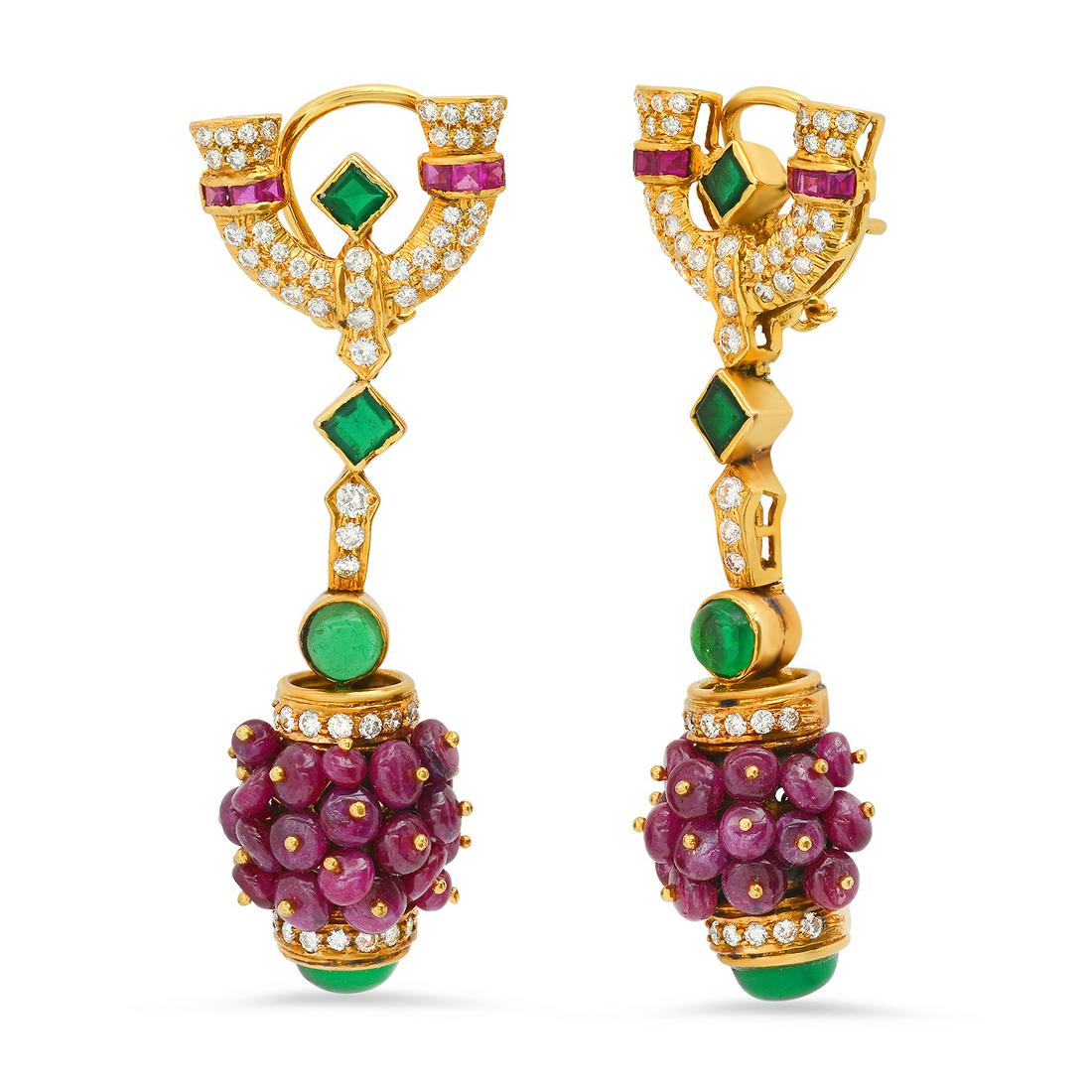 14K Yellow Gold Setting with 8.0ct Ruby, 3.30ct Emerald and 1.46ct Diamond Earrings: Retail: $21,250.00 ****** 14K Yellow Gold Setting with 8.0ct Ruby, 3.30ct Emerald and 1.46ct Diamond Earrings ****** Metal: 14K Yellow Gold / Total Item Weight: 20.8 Grams / Country Made: United State