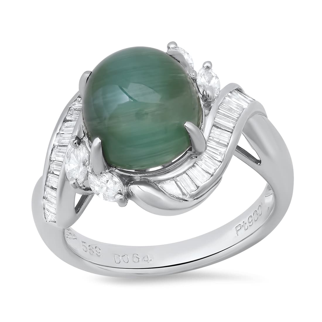 Platinum Setting with 5.69ct Cats Eye Tourmaline and 0.64ct Diamond Ladies Ring: Retail: $6,740.00 ****** Platinum Setting with 5.69ct Cats Eye Tourmaline and 0.64ct Diamond Ladies Ring ****** Size: 6.25 (we offer free resizing to winning bidders) / Metal: Platinum / Total Item We