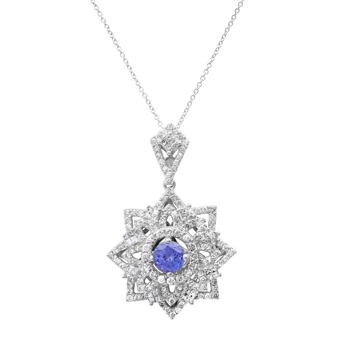 18K White Gold Setting with 1.47ct Tanzanite and 2.28ct Diamond Ladies Pendant: Retail: $11,760.00 ****** 18K White Gold Setting with 1.47ct Tanzanite and 2.28ct Diamond Ladies Pendant ****** Size: 18 14K White Gold Chain / Metal: 18K White Gold / Total Item Weight: 11.4 Grams / 